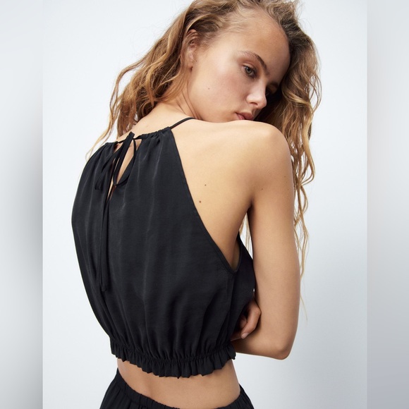 Zara Black Modal Halter Tie Ruched Crop Top Sleeveless Size XL - Picture 2 of 8